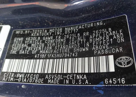 2017 Toyota Camry Le from USA, damaged, VIN 4T1BF1FK5HU794743